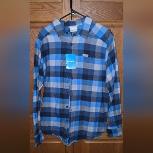 Columbia Blue and Navy Plaid Long-Sleeve Button Down Shirt